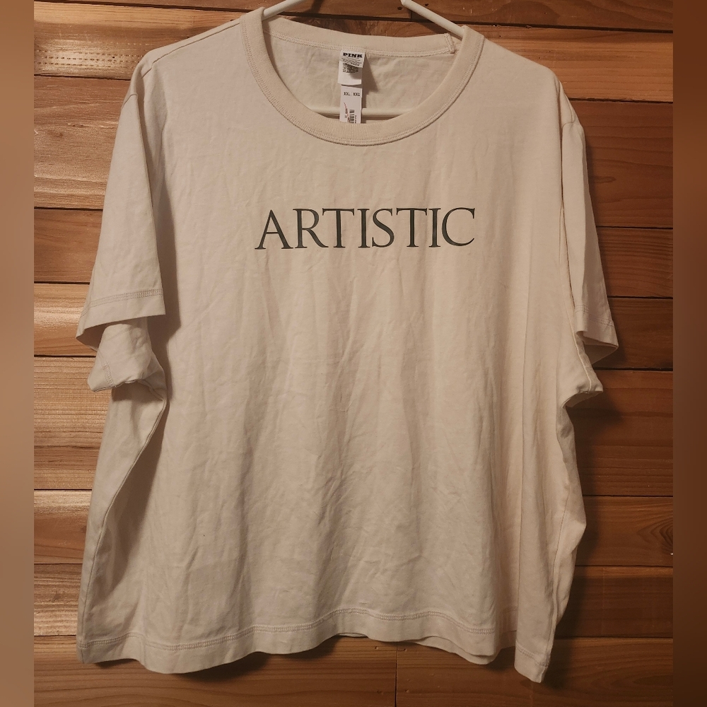 PINK Victoria's Secret Cream Tee "ARTISTIC" Size XXL